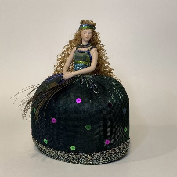 Vintage Bisque Porcelain Lady Pincushion Doll Roaring 20s Peacock Sequin Dress - Picture 4 of 8